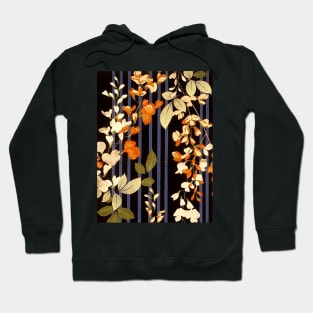 WHITE ORANGE FLOWERS AND BLUE BLACK STRIPES Antique Japanese Floral Hoodie